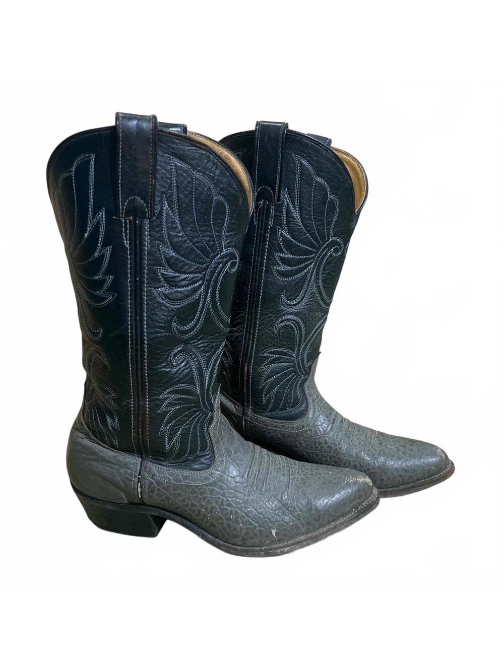 Vintage Mens Two Tone Gray and Black Western Cowboy Boots Size 8 EE Wide Fit